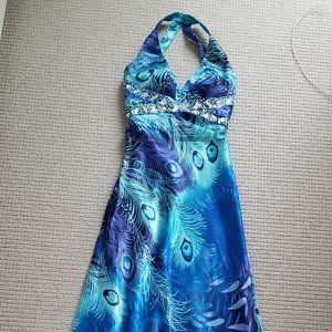 Peacock print dress, gown, evening gown, wow dress, gorgeous, elegant dress